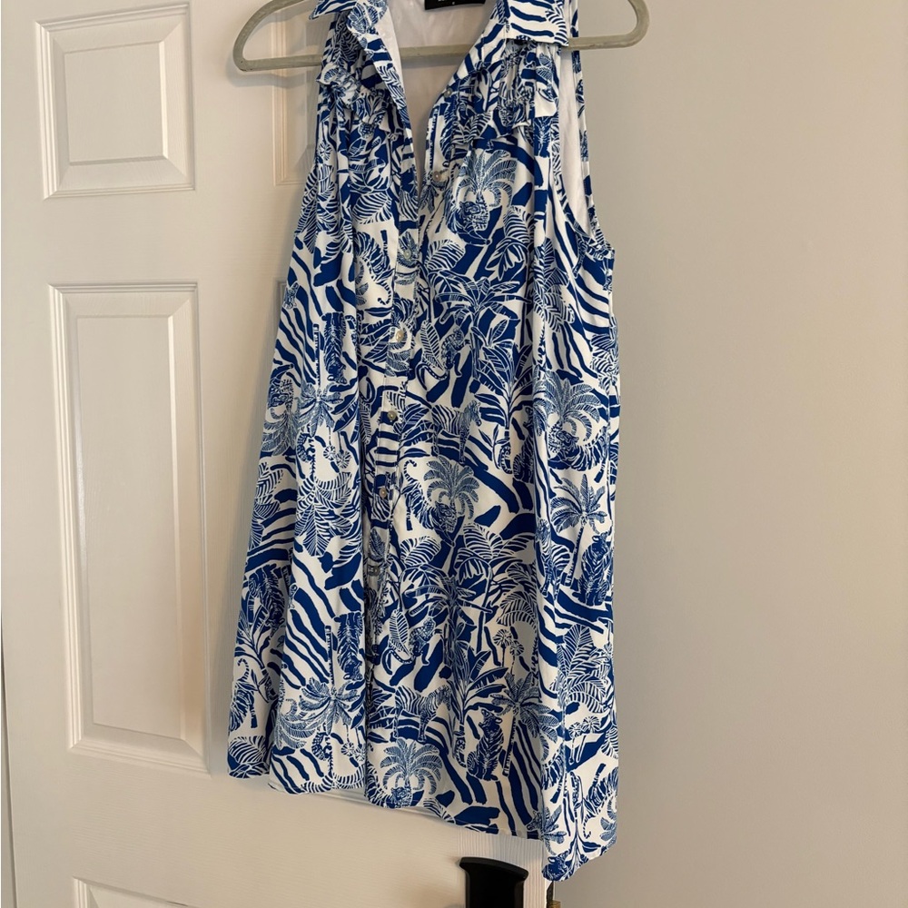 fab'rik Blue and White Tropical Mini Dress